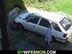 Her busty blonde old mom and husband fucking on the backyard