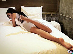 Toes shaking t-girl taunting with panties on