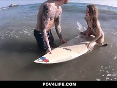 Hannah Hays teaches small-boobed teen to suck on a big one on the beach