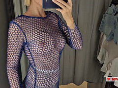 Try on transparent clothes with huge tits in the dressing room. Look at me in the dressing room