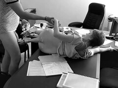 The chief ravages his lil' assistant on the office table and flicks it on covert camera
