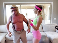 Mature guy gives workout tips for cute blond teen