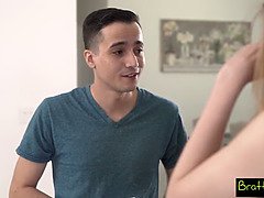 Petite blonde step-sis gets a deepthroat from stepbro in POV spanking and deepthroating action