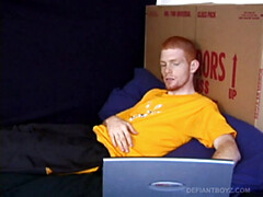 In this solo scene, young Tristian beats off in the bathroom to porn on a laptop, releasing all over mirror and counter top.