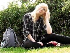 Towheaded stunner Satine Spark jacks in a park and public bareness of youthful brave