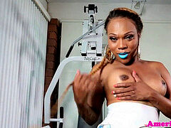 black tgirl jerks her pink cigar after workout