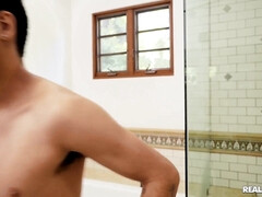 Raven-haired vixen with natural boobs pleasuring Rico in bed