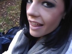 Brunette slut gets her vagina fucked right in the public forest
