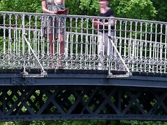 Beauty Blonde reads a book outdoor