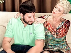 Short-haired mature Lin Boyde knows how to suck a big young cock