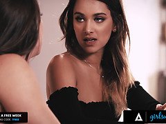 Uma Jolie dominates her boss Abigail Mac with her big tits and ass in panties