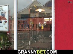 He picks up and fucks her fat hairy old cunt