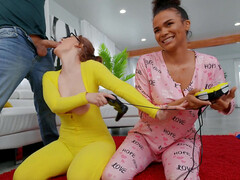 Alina Ali and Aria Kai disctracted from video games by a dick