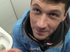 Cute guy sucks dick in a public restroom