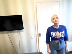 Anal creampie on large Russian platinum-blonde with immense butt, dirty damsel blowjob.