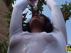 Alternative brit submissive facialized before being drenched