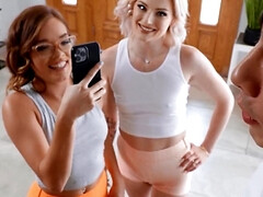 美女, ブロンド, フェラチオ, ダブル開発, グループ, 手コキする, キス, ティーン