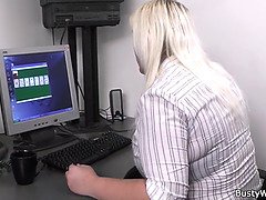 Blonde secretary gives titjob and rides cock
