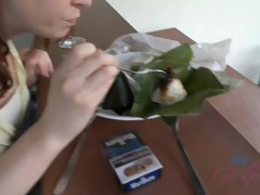 She takes the cum in her mouth