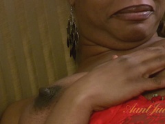 Hairy pussy ebony MILF Necie masturbates for AJ's members