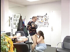 Pregnant Teen Brunette Sucks Old Man's Big Dick and Gets Cum on Tits