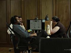 ぽっちゃり, デカチン, デカパイ, フェラチオ, 茶髪の, ダブル開発, 三人, オッパイの