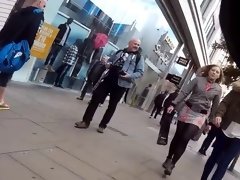 pantyhose blonde shopping in miniskirt