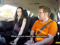 Skinny babe rubs clit when getting doggy fucked in backseat