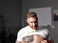 Eager tattooed muscled solo jock wanks and cums