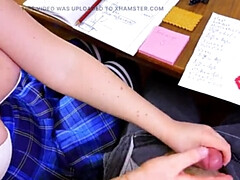Schoolgirl Jerks Big Cock Under Math Class Table - Public Handjob & Cumshot in 4K