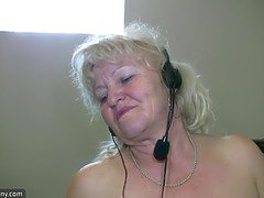 Chubby Grandma does strip in home gym