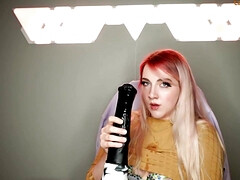 Horse Suck - Blonde deepthroating monster cock dildo