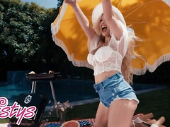 デカパイ, 茶髪の, 巨大, なめる, アウトドア, オマンコ, シャワー, オッパイの