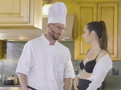 Hot sex in the kitchen of cook and his teen student