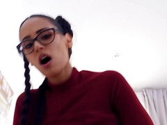 Nerdy Latina with pigtails welcomes pickup artist's cock in pussy