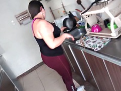 My stepmother shows me her giant cameltoe in the kitchen - She wants to seduce me to fuck her