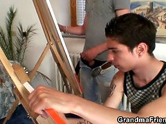 Naughty granny swallows two young dicks