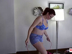 chesty redhead and her pal have a jump backside contest