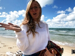 Strand, Badpak, Sperma shot, Lul, Brillen, Handbeurt, Buiten, Openbaar