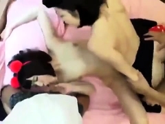 Slutty brunette MILF giving POV blowjob in threesome