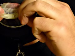 Drinking cum from two condoms