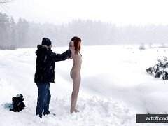 Naked barefoot Greta tied up in the snow