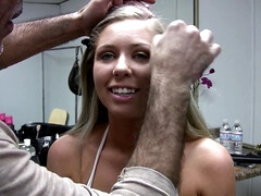 Super sexy blonde whore gets her tits sprayed with warm cum