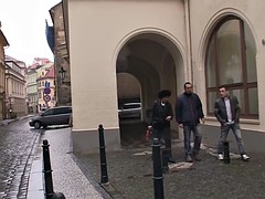 Old mature in red lingerie takes two cocks