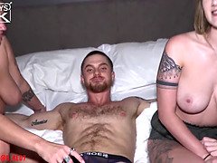 Watch D Red7, the tattooed submissive, take on two big dicks and a strapon in a wild threesome frenzy!