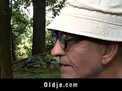 Two perv hobos fuck a nymphet in the forest