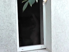 Outside: Young neighbor watches Milf taking a shower