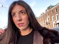 Stunning beauty gets a stranger's cum on her face in public, for a big reward - Cum Public Walk