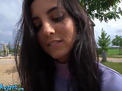 Italian college girl with small tits and natural body gets quick cash by sucking and fucking in public