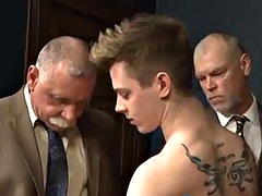 Naughty old daddies pound young twink hardcore in threesome